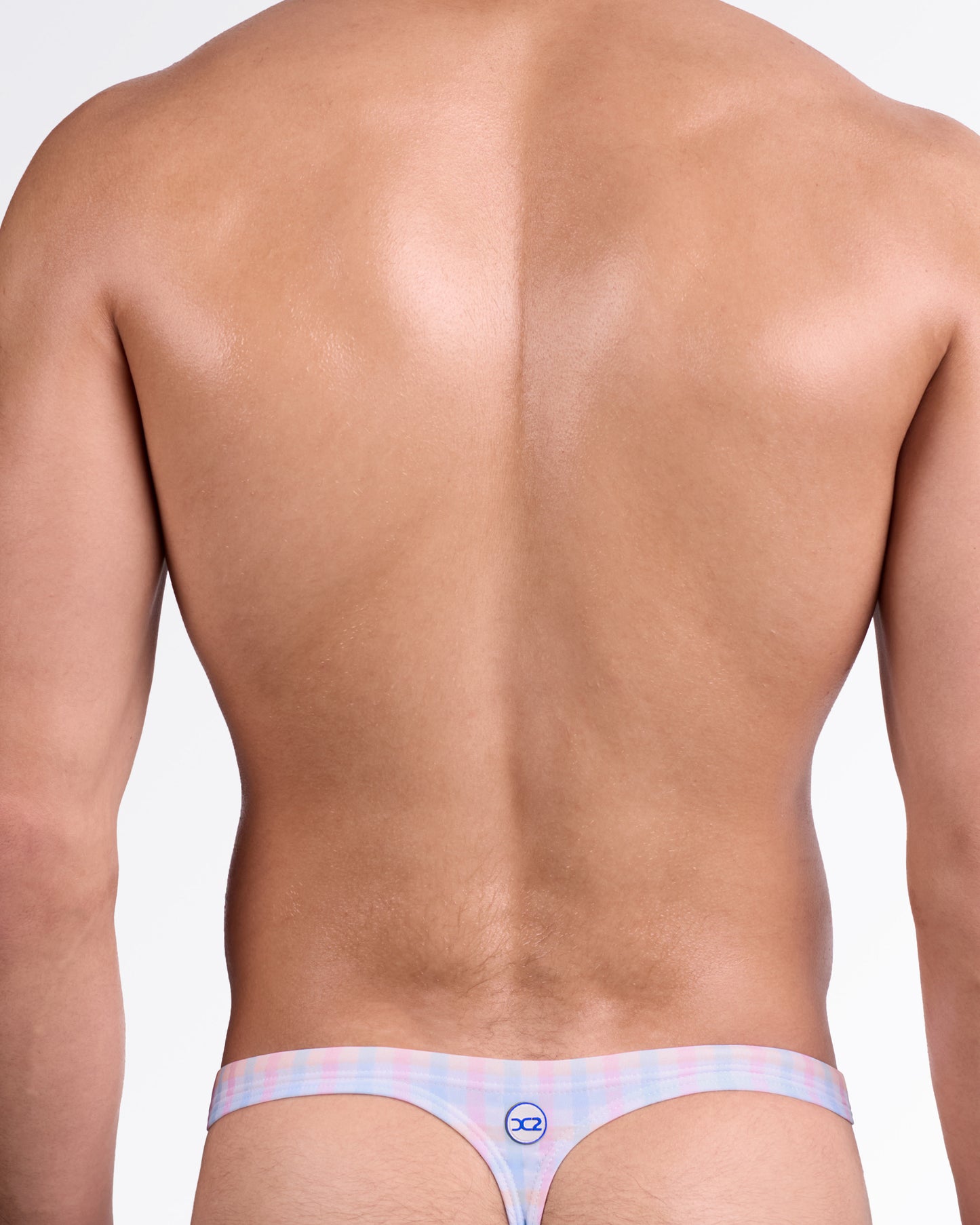DC2 Ocean Drive Check Swim Thong — back view showing minimal thong cut, slim waistband, and subtle DC2 logo detail at center back.