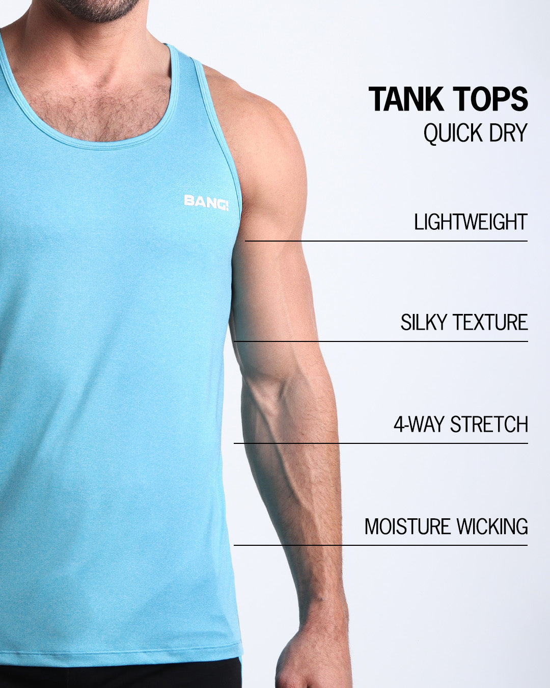 An infographic explaining the features of the lightweight, silky texture, 4-way stretch, and moisture-wicking material of the BANG! fitness tank top.