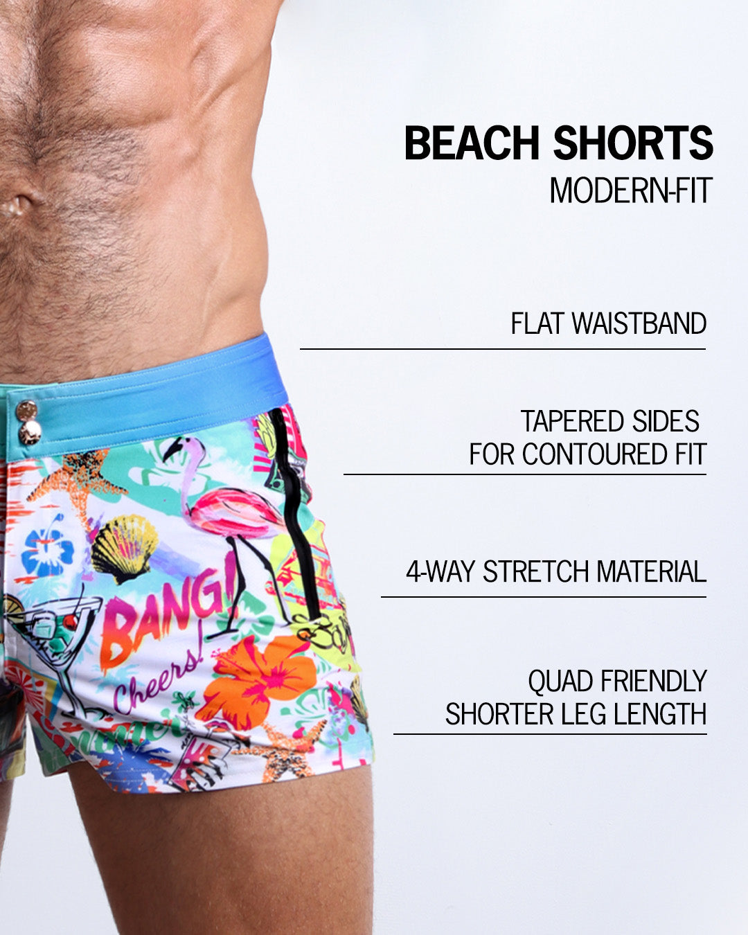 Infographic explaining the many features of these modern fit PEOPLE FROM IBIZA Beach Shorts by BANG! Clothes. These swimming shorts have a flat waistband, tapered sides for a contoured fit, 4-way stretch material, and quad-friendly leg length.