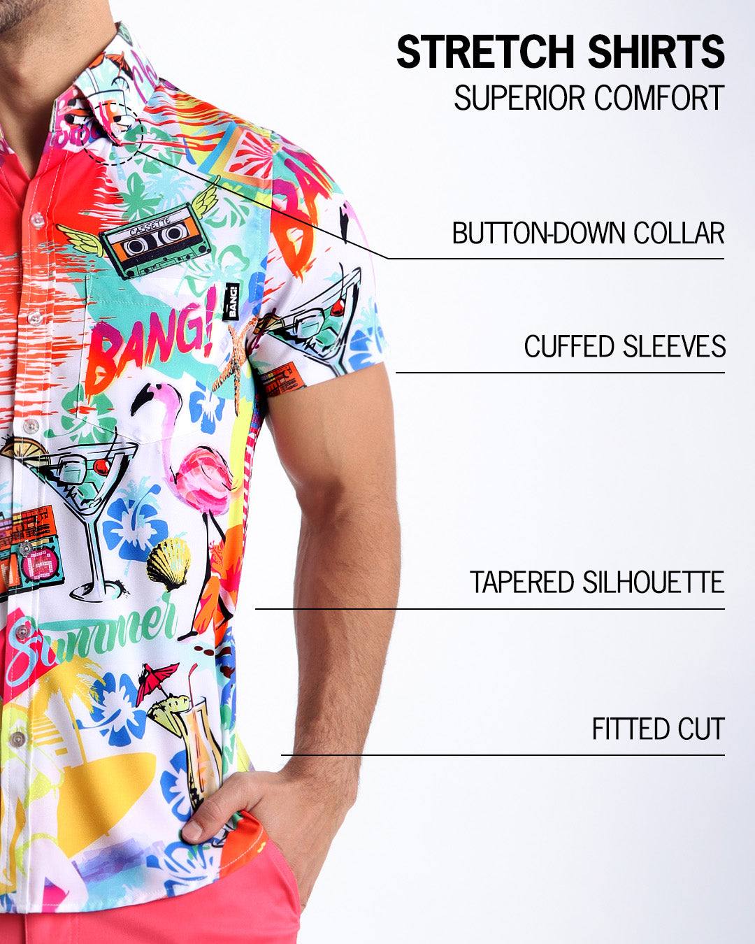 An infographic explaining the features of the men’s sleeveless Hawaiian Stretch Shirt. The shirt offers superior comfort, a fitted cut, tapered silhouette, cuffed sleeves, and a button-down collar.