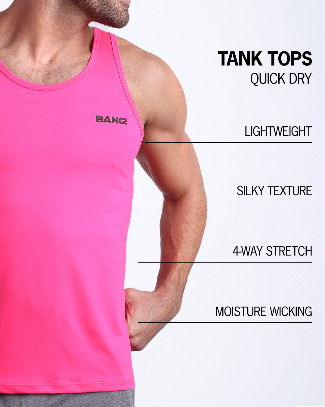 An infographic explaining the features of the lightweight, silky texture, 4-way stretch, and moisture-wicking material of the BANG! fitness tank top.