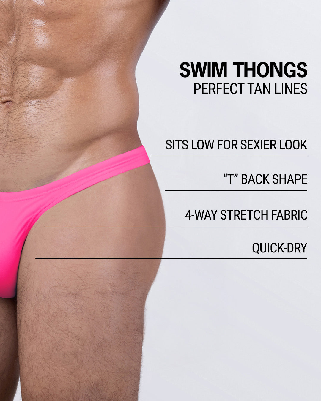 Close-up of PINK BOMB men's thong swimsuit by DC2 Miami highlighting features: quick-dry fabric, low-rise sexy fit, and perfect tan line design.