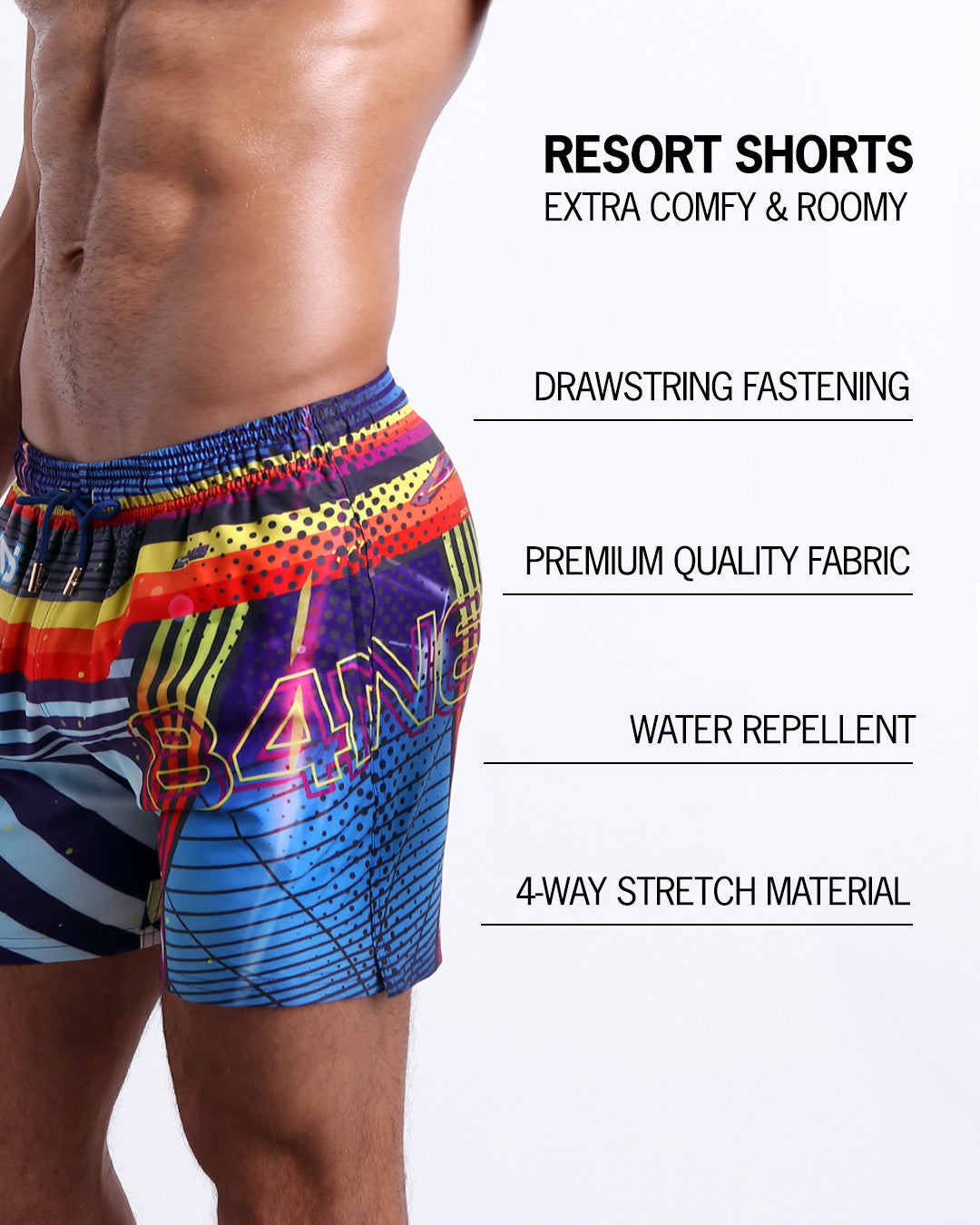 Infographic explaining how extra comfy and roomy Resort Shorts. They have drawstring fastening, quality fabric, quick-dry, water repellent, 4-way stretch material features of the resort shorts.
