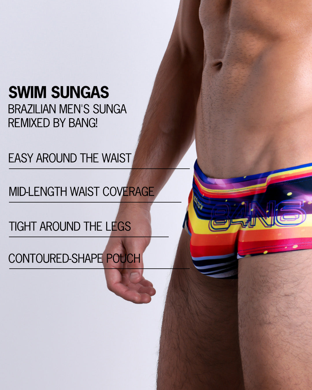 Infographic explaining the Brazilian Men's Swim Sunga remixed by BANG! These Swim Sunga are easy around the waist, are mid-length waist coverage, are tight aroung the legs, and have contoured-shape pouch.