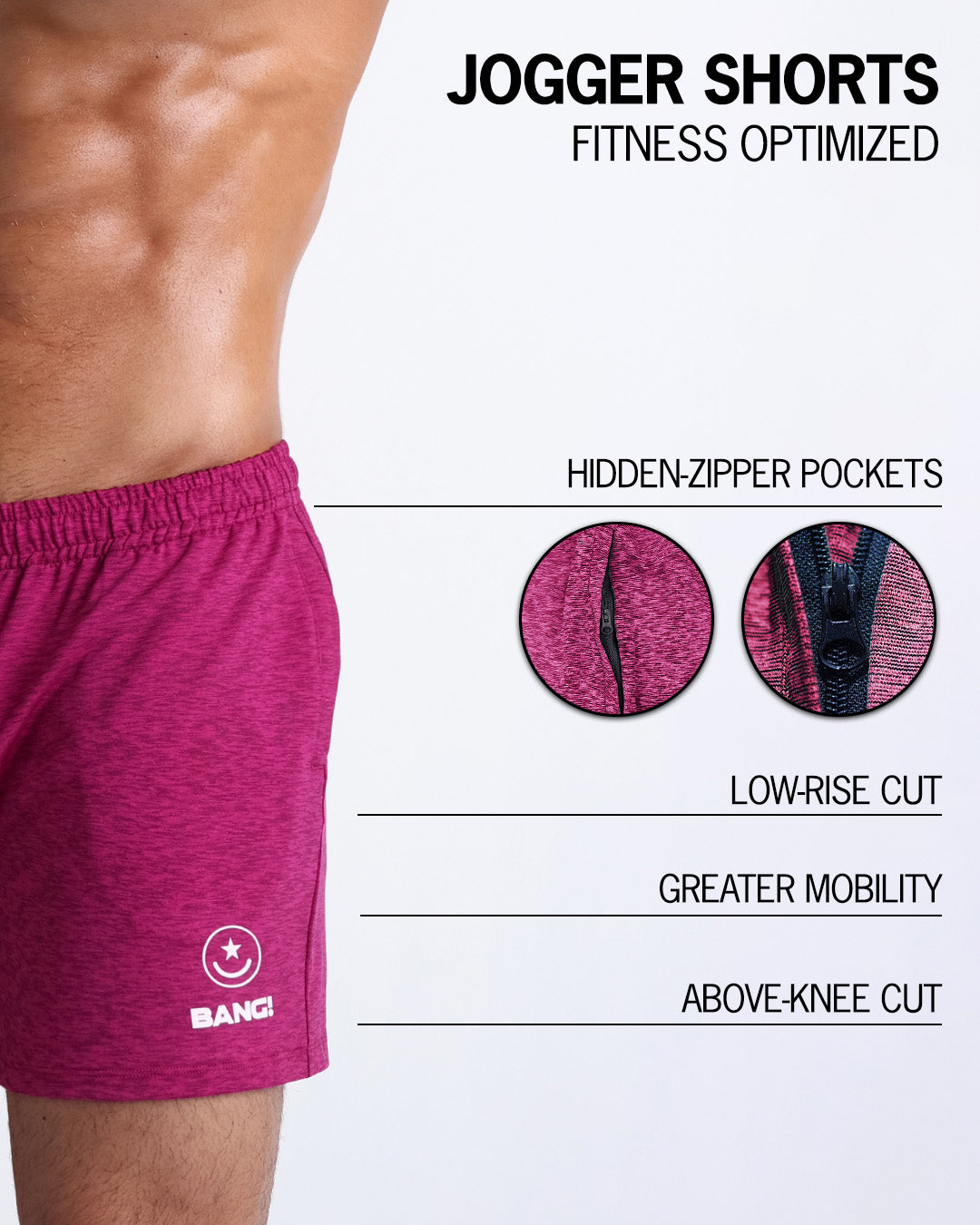The BANG! POWERBERRY Jogger Shorts - designed with sweat-wicking fabric to keep you cool and dry, hidden zipper pockets to keep your essentials safe, a low-rise cut for a comfortable fit, and an above-knee length for maximum mobility.