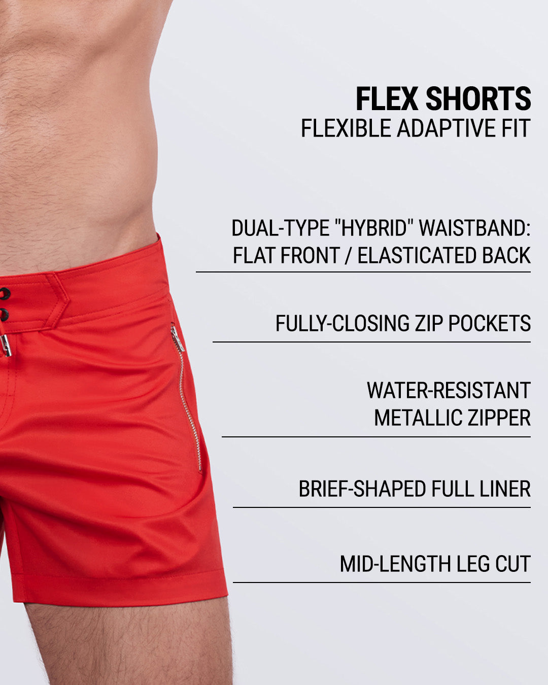 Close-up image showing key features: hybrid waistband, water-resistant metallic zipper, fully-closing zip pockets, brief-shaped full liner, and mid-length leg cut for a sleek, athletic fit.