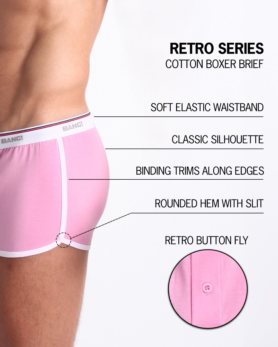 An infographic displays the premium quality of the Cotton Boxer Brief Retro Series. It features a soft elastic waistband, classic silhouette, binding trims along edges, round hem with slit, and a retro button fly.
