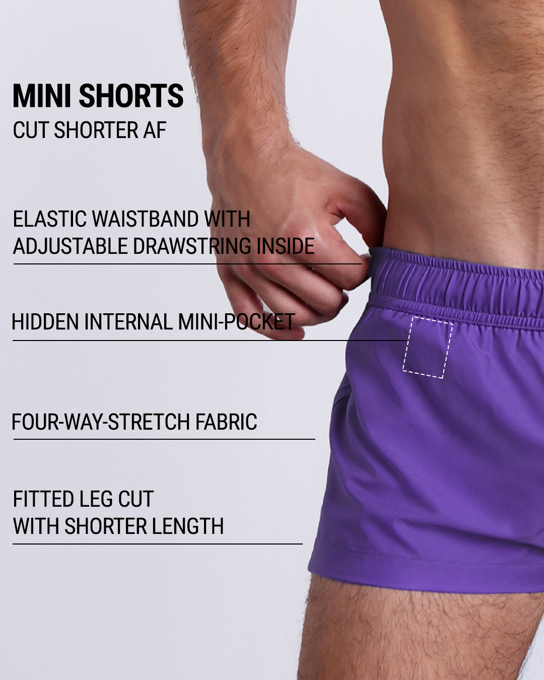 Infographic explaining the many features of the PURPLE MACHINE Mini Shorts. These MINI SHORTS have elastic waistband with adjustable drawstring inside, hidden internal mini-pocket, 4-way stretch fabric, and are quad friendly with fitted leg cut with shorter leg length.