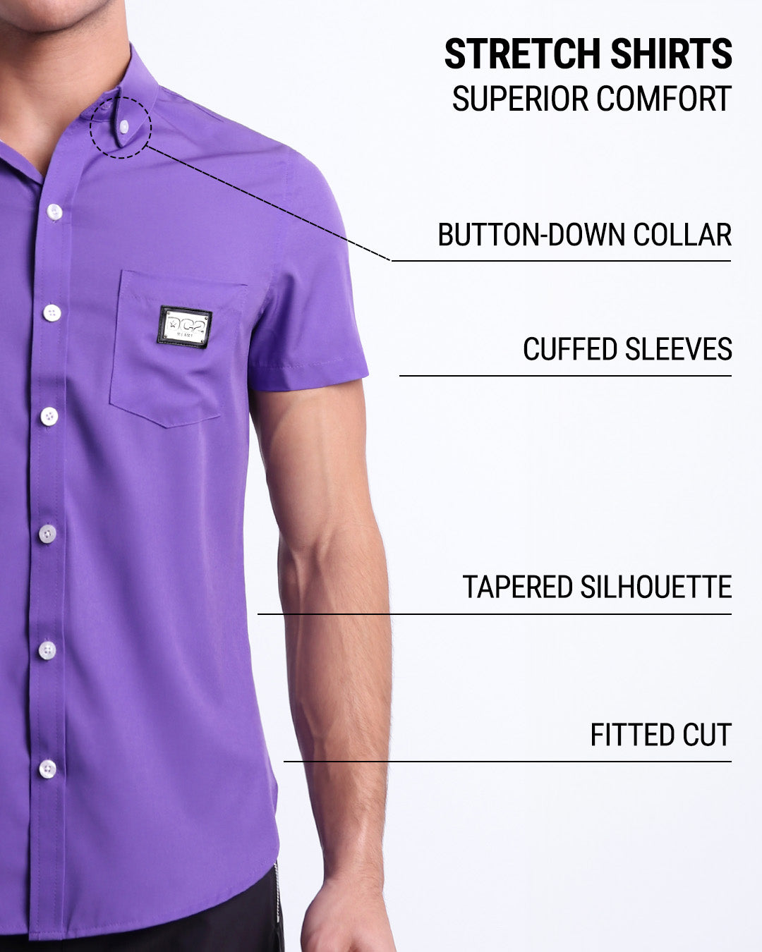 Infographic displaying the contemporary fit of DC2 men's sleeveless Hawaiian Stretch Shirt. This button up shirt features a button-down collar, cuffed sleeves, tapered silhouette, and a fitted cut.