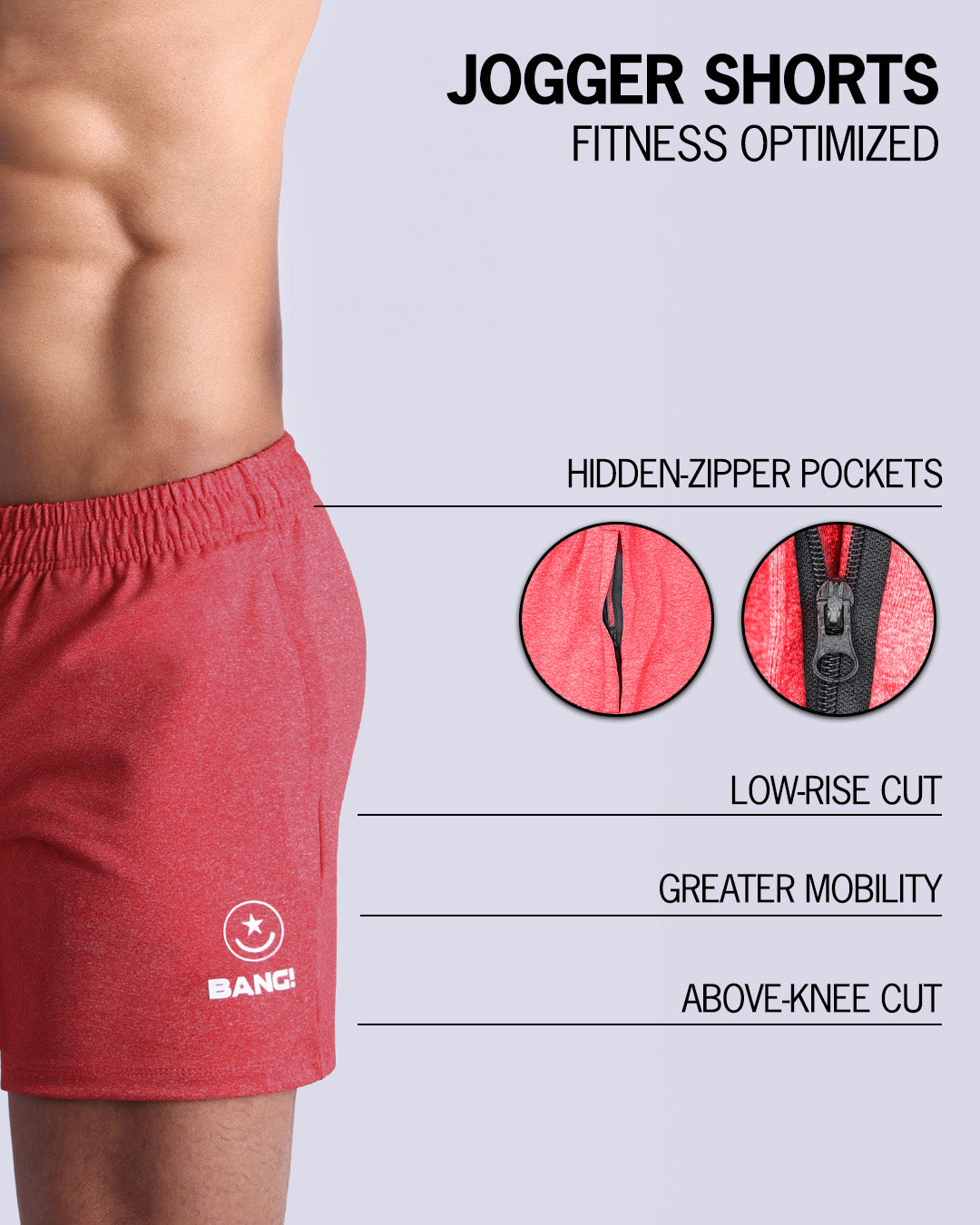 The BANG! READY RED Jogger Shorts - designed with sweat-wicking fabric to keep you cool and dry, hidden zipper pockets to keep your essentials safe, a low-rise cut for a comfortable fit, and an above-knee length for maximum mobility.