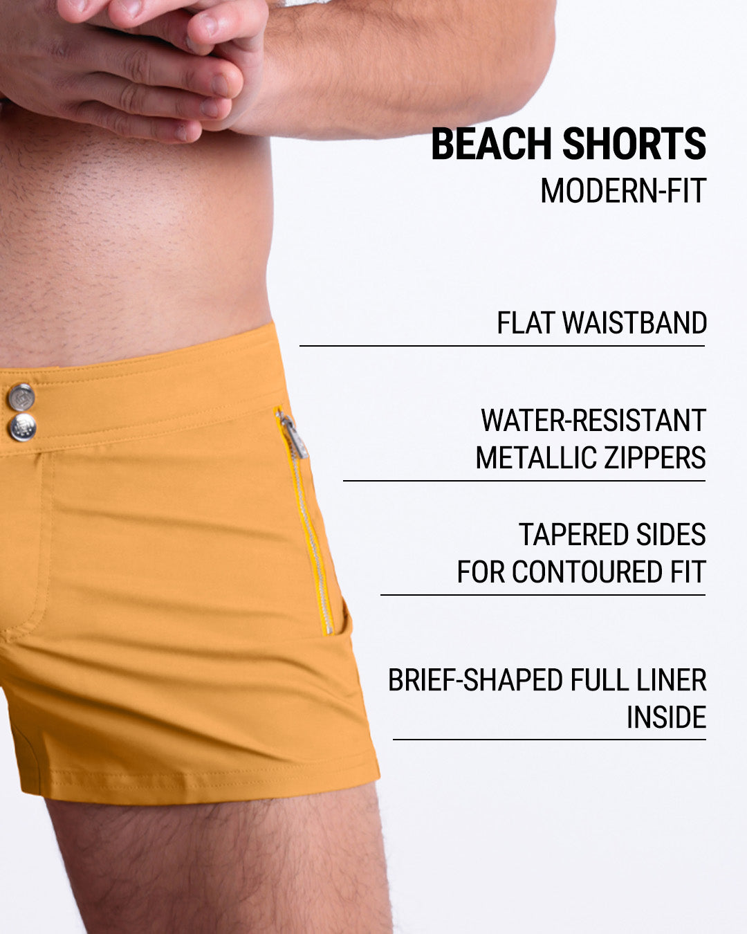 Infographic displaying the contemporary fit of DC2 Beach Shorts. These shorts feature a flat waistband, water-resistant metallic zippers, tapered sides for contoured fit, and a brief-shaped full liner inside.