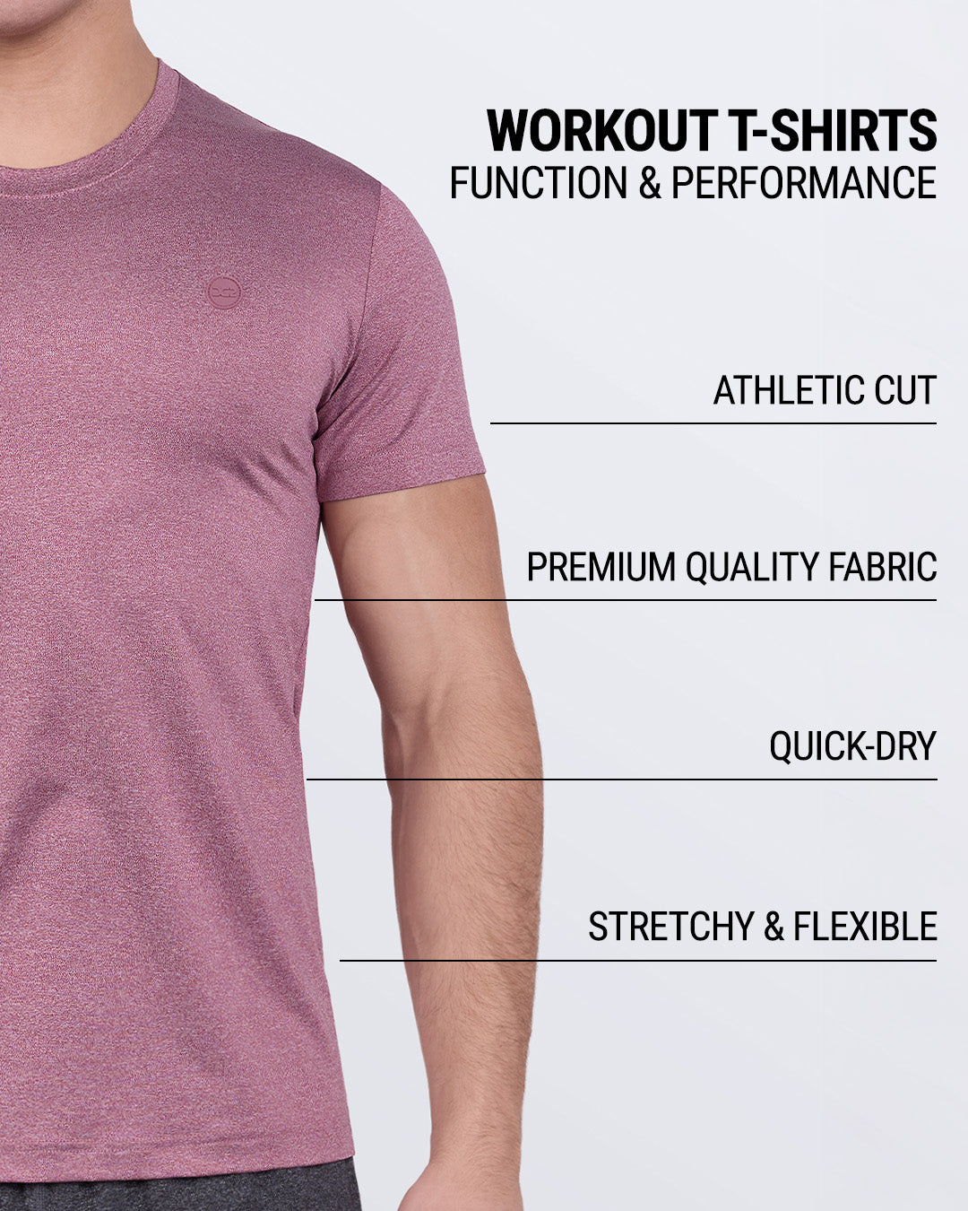 Product details graphic of RIPPED CRIMSON Fitness T-Shirt — showcasing athletic cut, premium quality fabric, quick-dry properties, and 4-way stretch flexibility.