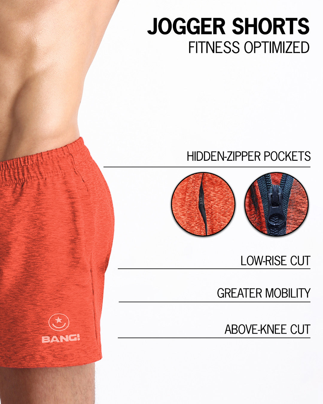 The BANG! ROCKY ORANGE Jogger Shorts - designed with sweat-wicking fabric to keep you cool and dry, hidden zipper pockets to keep your essentials safe, a low-rise cut for a comfortable fit, and an above-knee length for maximum mobility.