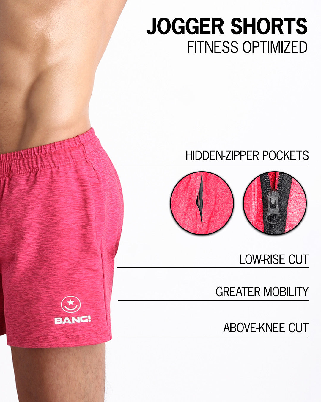 The BANG! ROCKY PINK Jogger Shorts - designed with sweat-wicking fabric to keep you cool and dry, hidden zipper pockets to keep your essentials safe, a low-rise cut for a comfortable fit, and an above-knee length for maximum mobility.