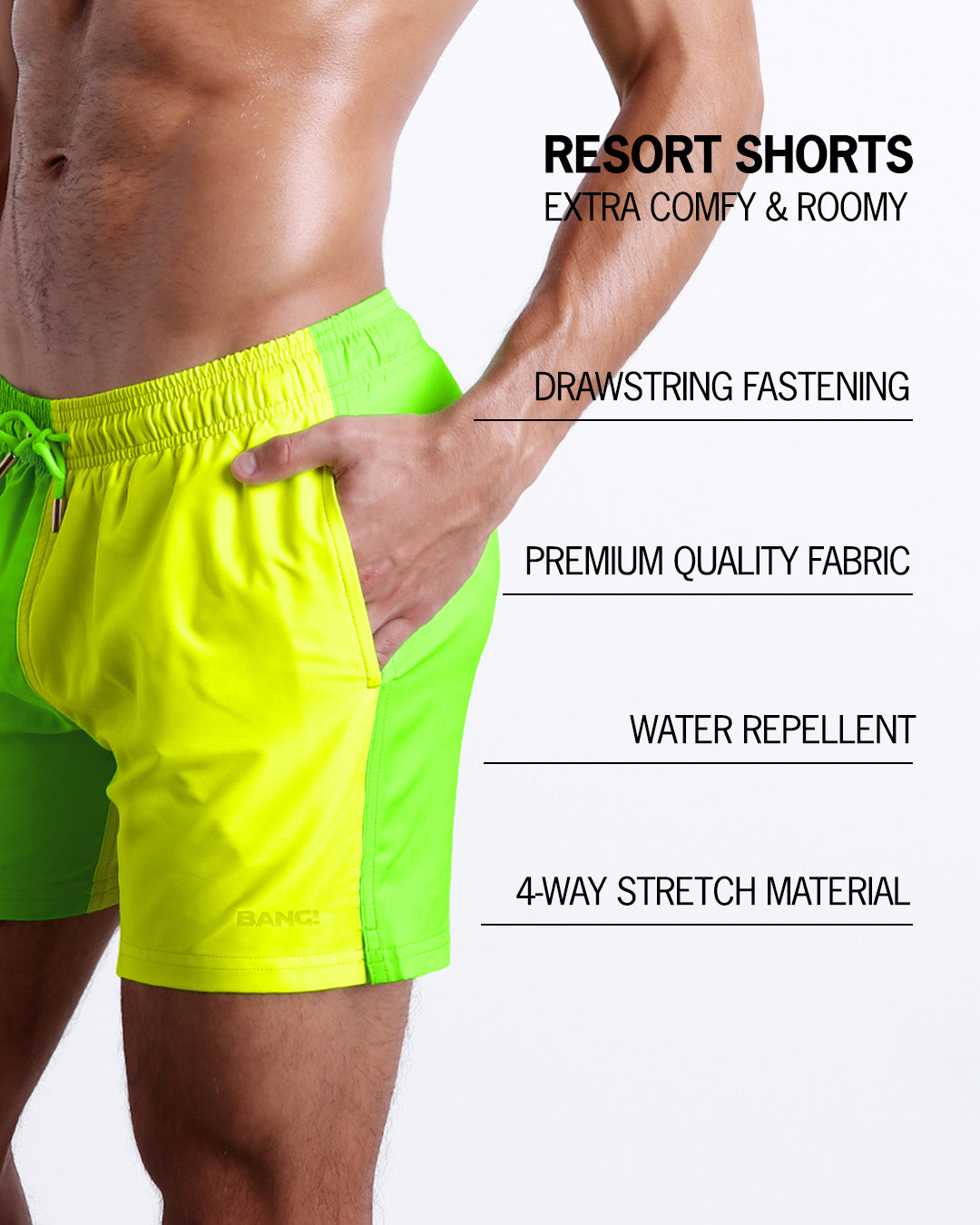 Infographic explaining how extra comfy and roomy Resort Shorts. They have drawstring fastening, quality fabric, quick-dry, water repellent, 4-way stretch material features of the resort shorts.
