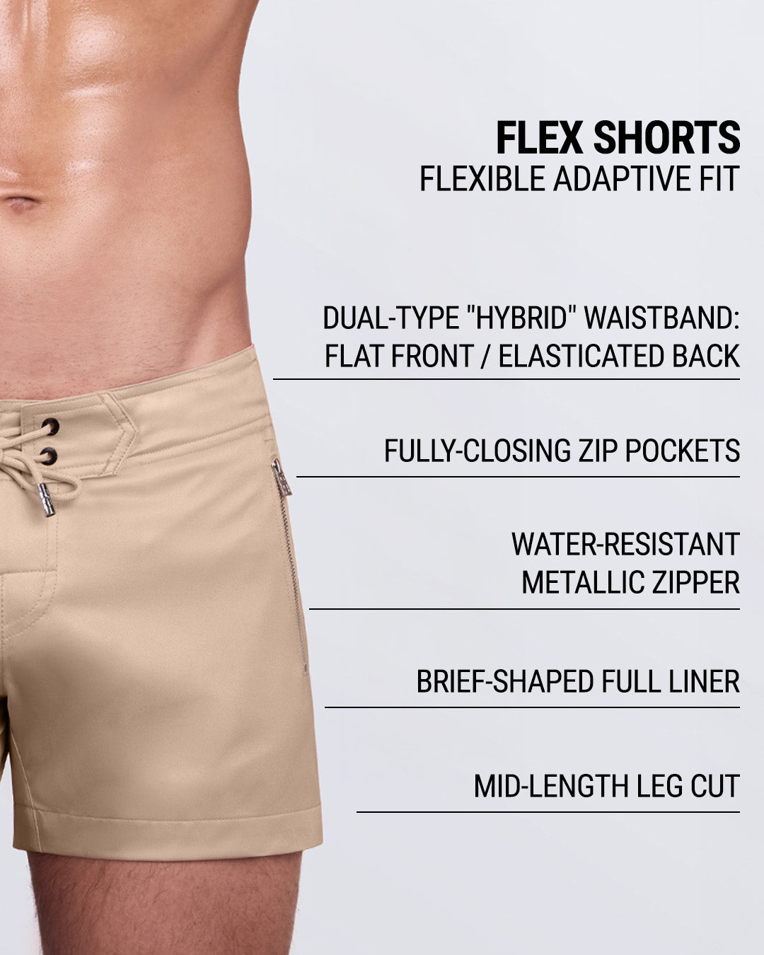 Product details graphic of SKINNY DIP (LIGHT) Flex Shorts — showcasing adaptive fit, brief-shaped liner, and water-resistant zippers.