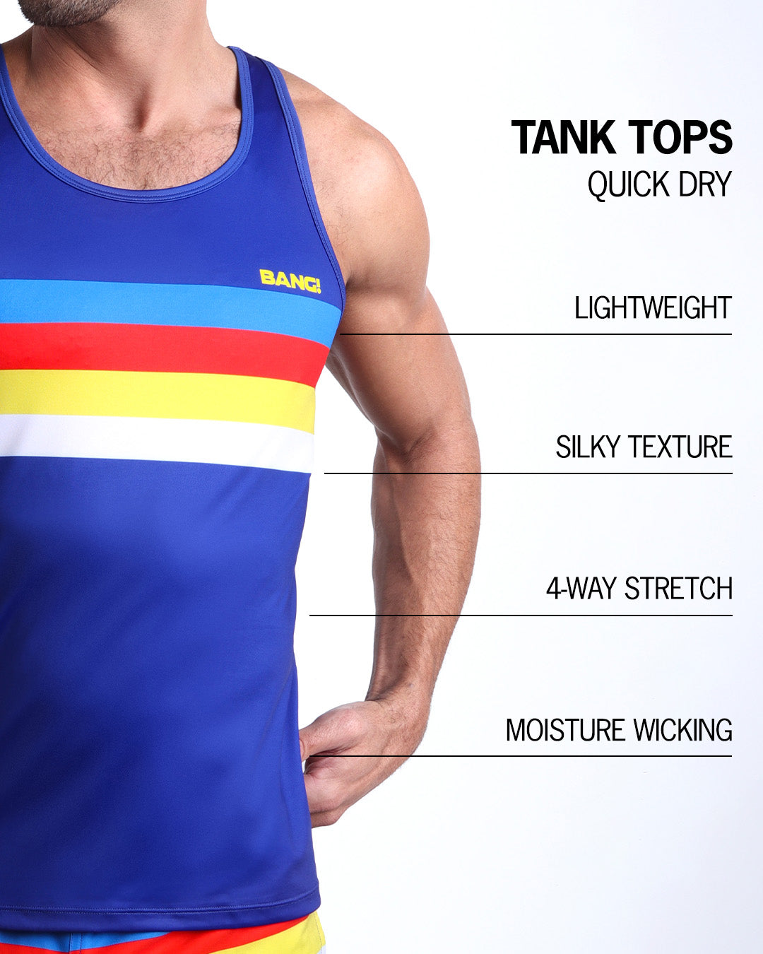 An infographic explaining the features of the lightweight, silky texture, 4-way stretch, and moisture-wicking material of the BANG! fitness tank top.