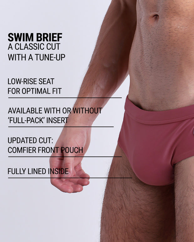 Infographic explaining the classic cut with a tune-up SUNKISSED RED Swim Brief by DC2. These men swimsuit is low-rise seat for optimal fit, available with or without &