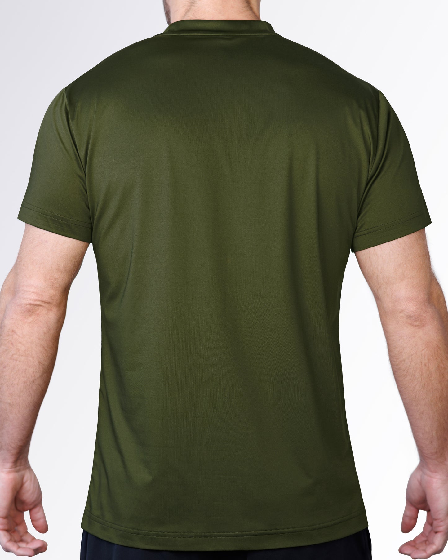 Back view of the green SUPERSET Fitness T-Shirt, showcasing its smooth performance fabric, short sleeves and streamlined athletic silhouette.