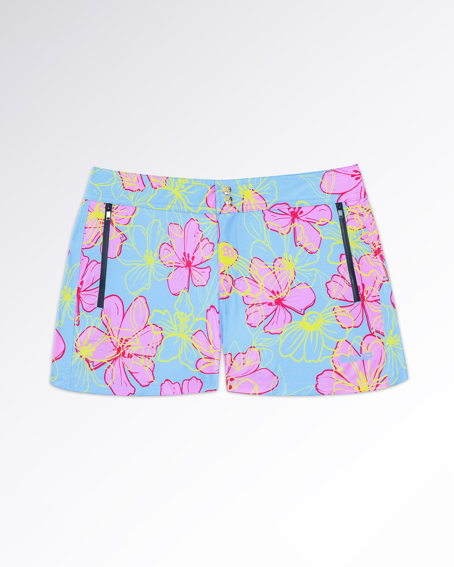 BANG! Miami Surf Flowers (Pink/Blue) Beach Shorts — flat lay of pastel blue beach shorts with oversized pink floral artwork and neon yellow outline details in a tropical print.