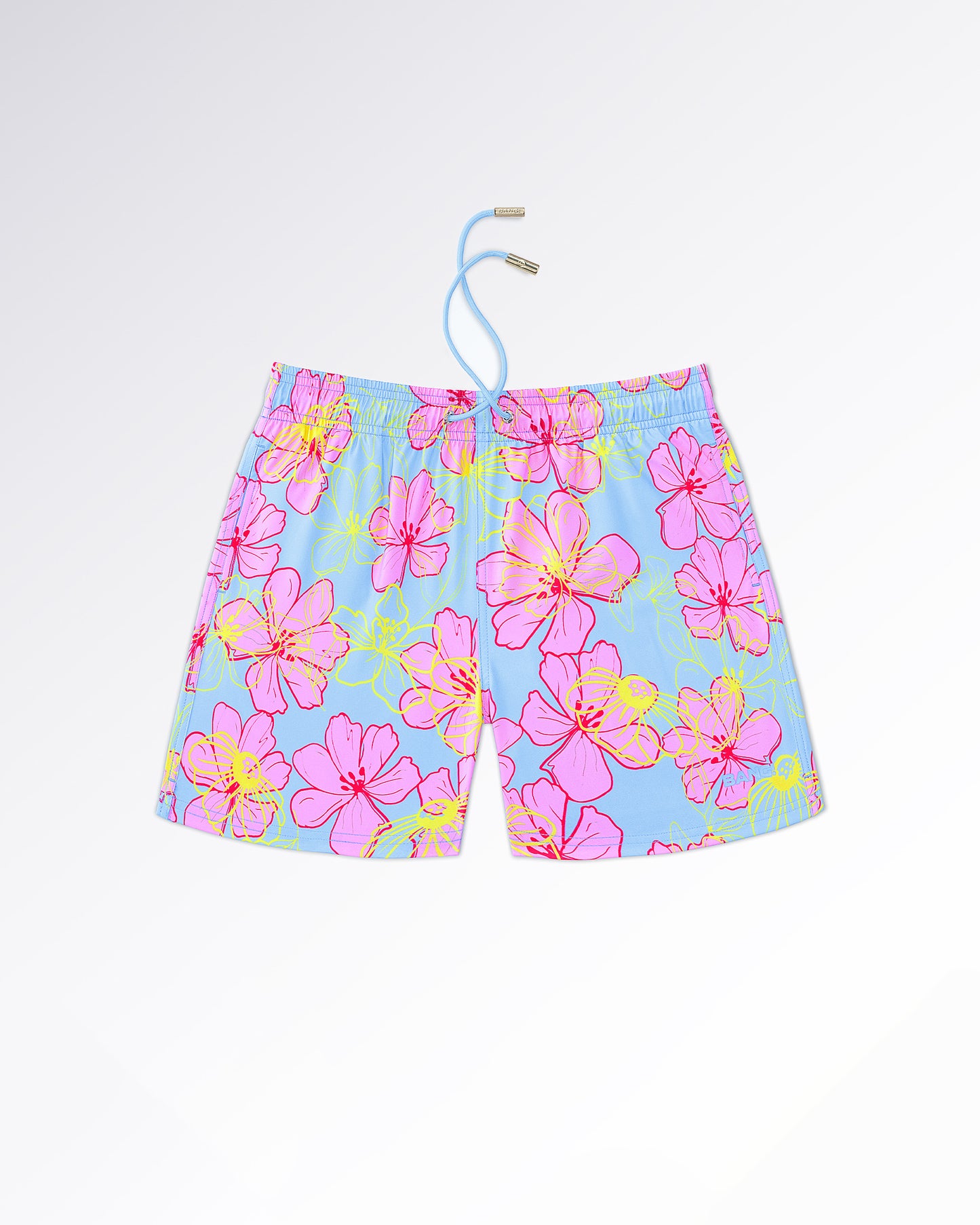 BANG! Miami Surf Flowers (Pink/Blue) Resort Shorts — flat lay of pastel blue resort shorts featuring oversized pink floral artwork with neon yellow sketch detailing and relaxed drawstring waistband.