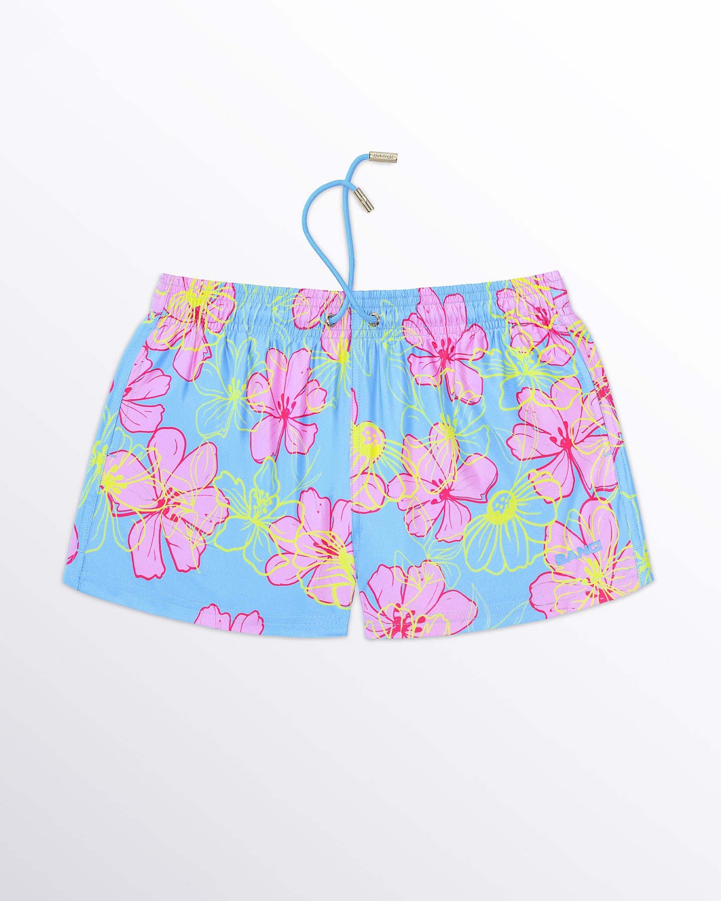 BANG! Miami Surf Flowers (Pink/Blue) Show Shorts — flat lay of light blue show shorts with oversized pink floral print and neon yellow outline detailing.