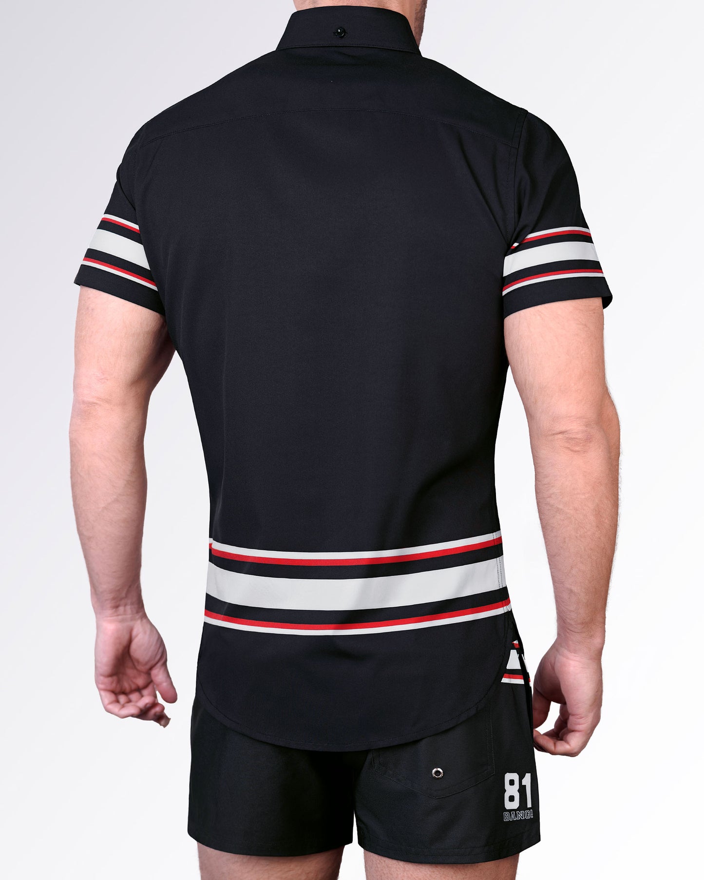 Back view of the Ilya Stretch Shirt featuring hockey-inspired stripe detailing, a streamlined silhouette, and sporty heritage styling.