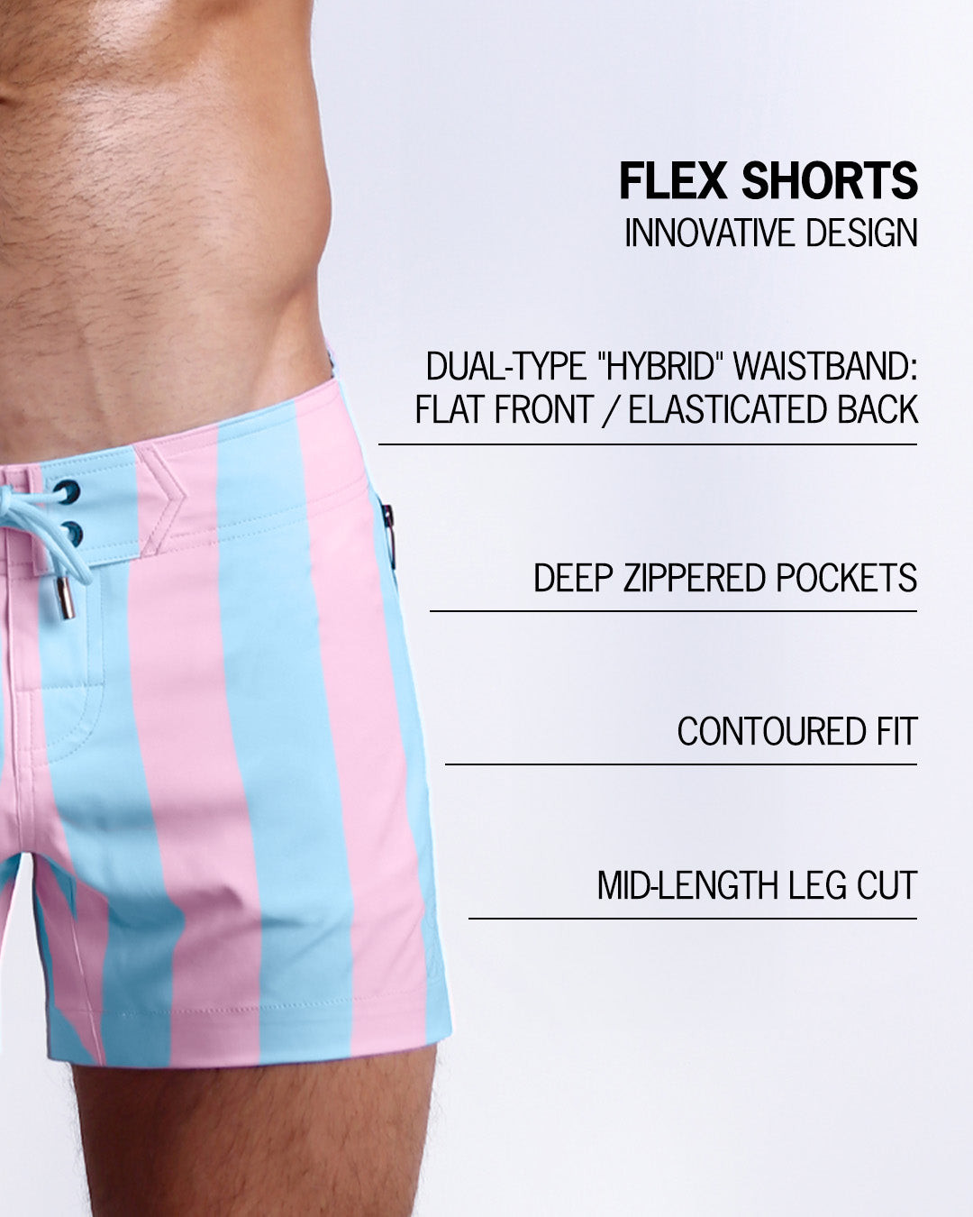 Infographic explaining the innovative design of the FLEX SHORTS. They're dual-type "hybrid" waistband, deep zippered pockets, contoured fit and mid-length leg cut by BANG! Clothes based in Miami.