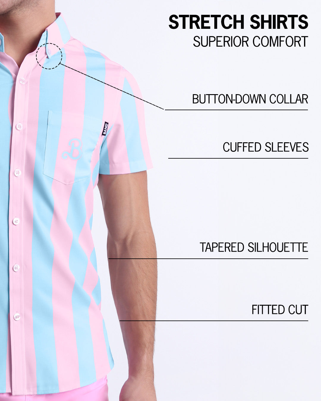 An infographic explaining the features of the men’s sleeveless Hawaiian Stretch Shirt. The shirt offers superior comfort, a fitted cut, tapered silhouette, cuffed sleeves, and a button-down collar.