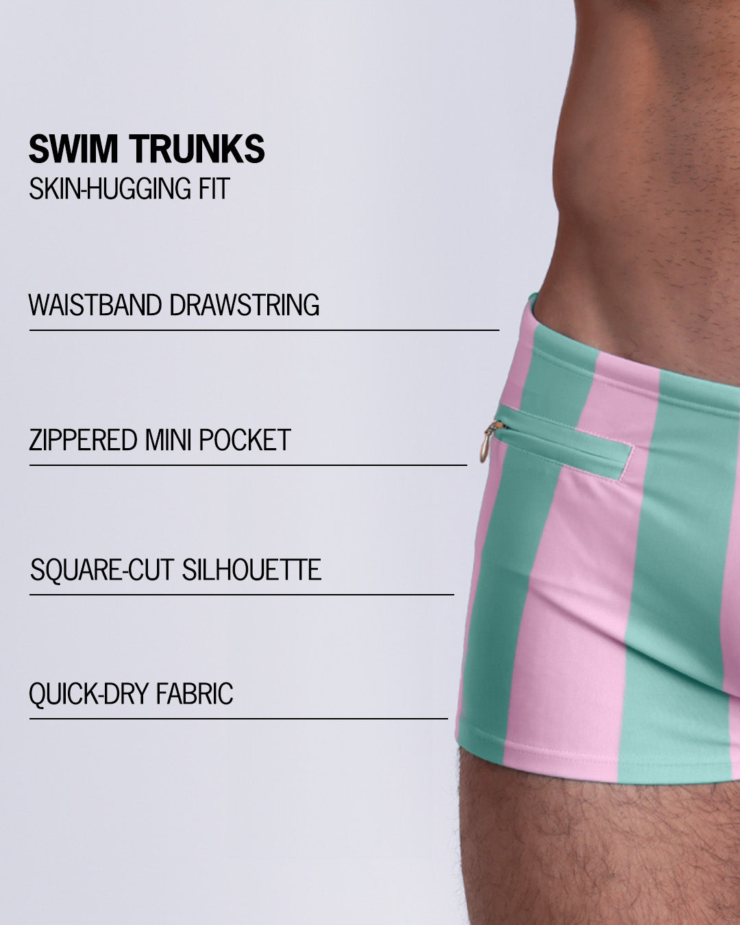 Infographic explaining the Swim Trunks swimming shorts by BANG! These Swim Trunks have a skin-hugging fit, have a wasitband drawstring, zippered mini pocket, square-cut silhouette and quick-dry fabric.