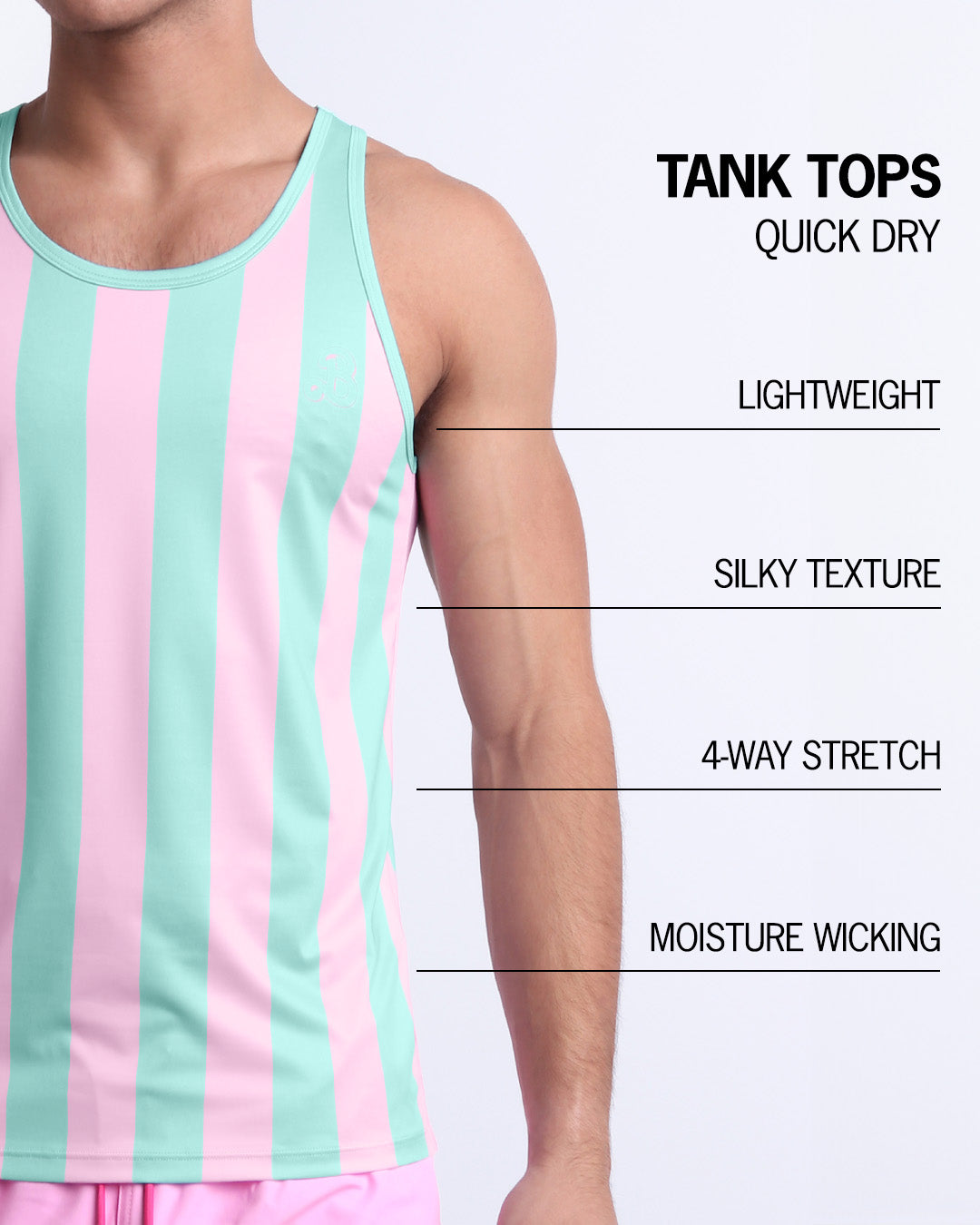 Infographic explaining how lightweight, silky texture, 4-way stretch, moistute wicking material of the BANG! clothes fitness tank top.