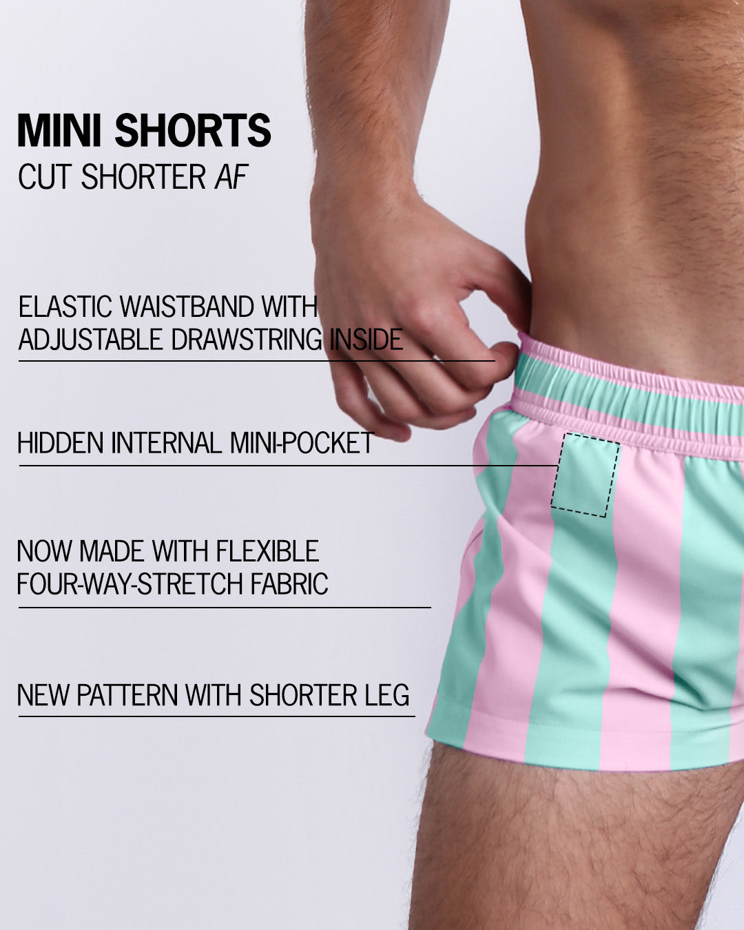 Infographic explaining the many features of Bang!'s Mini Shorts. These MINI SHORTS have elastic waistband with adjustable drawstring inside, hidden internal mini-pocket, 4-way stretch fabric, and are quad friendly with shorter leg length.