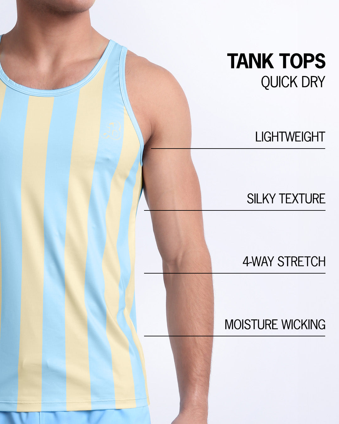 Infographic explaining how lightweight, silky texture, 4-way stretch, moistute wicking material of the BANG! clothes fitness tank top.
