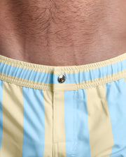 Close-up view of the THE KEN (MIAMI EDITION) men’s Mini shorts, showing custom branded metal button in gold by Bang!