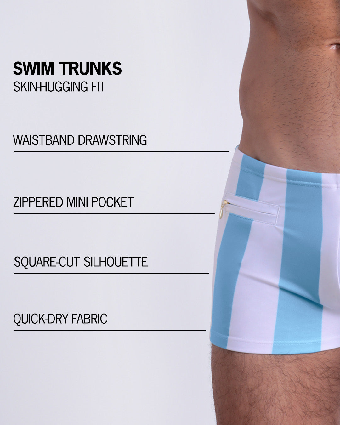 Infographic explaining the Swim Trunks swimming shorts by BANG! These Swim Trunks have a skin-hugging fit, have separate waistband construction, zippered mini pocket, square-cut form-fitting silhouette and quick-dry fabric.