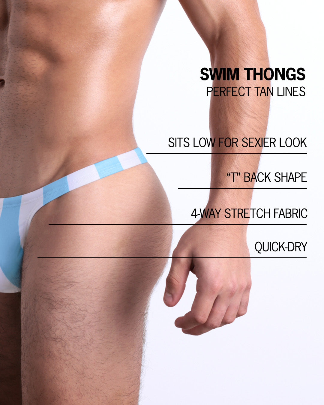 Infographic explaining the many features of the BANG! Clothes Swim Thongs. These Summer speedo fit men's swimsuit is perfect tanning, they sit low for sexier look, "T" back shape, 4-way stretch fabric, and are quick-dry.