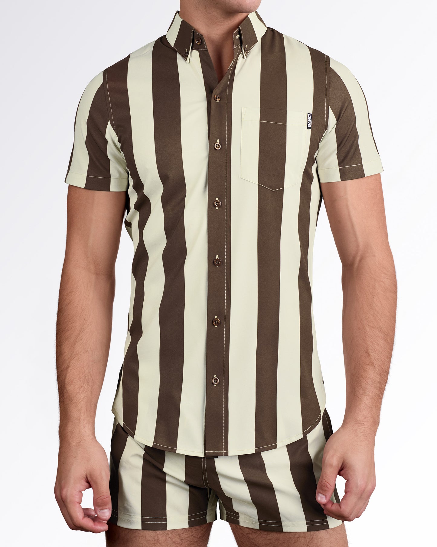 BANG! The Ken (Sahara Edition) Stretch Shirt — model wearing shirt with matching striped shorts, showcasing coordinated resort set.