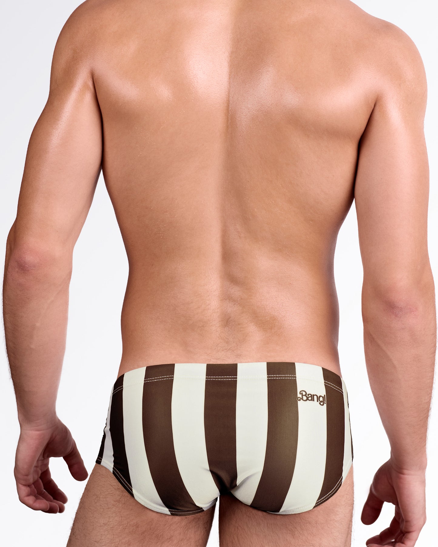 BANG The Ken (Sahara Edition) Swim Sunga — back view highlighting full earth-tone vertical stripe pattern with balanced rear coverage and signature BANG logo detail.