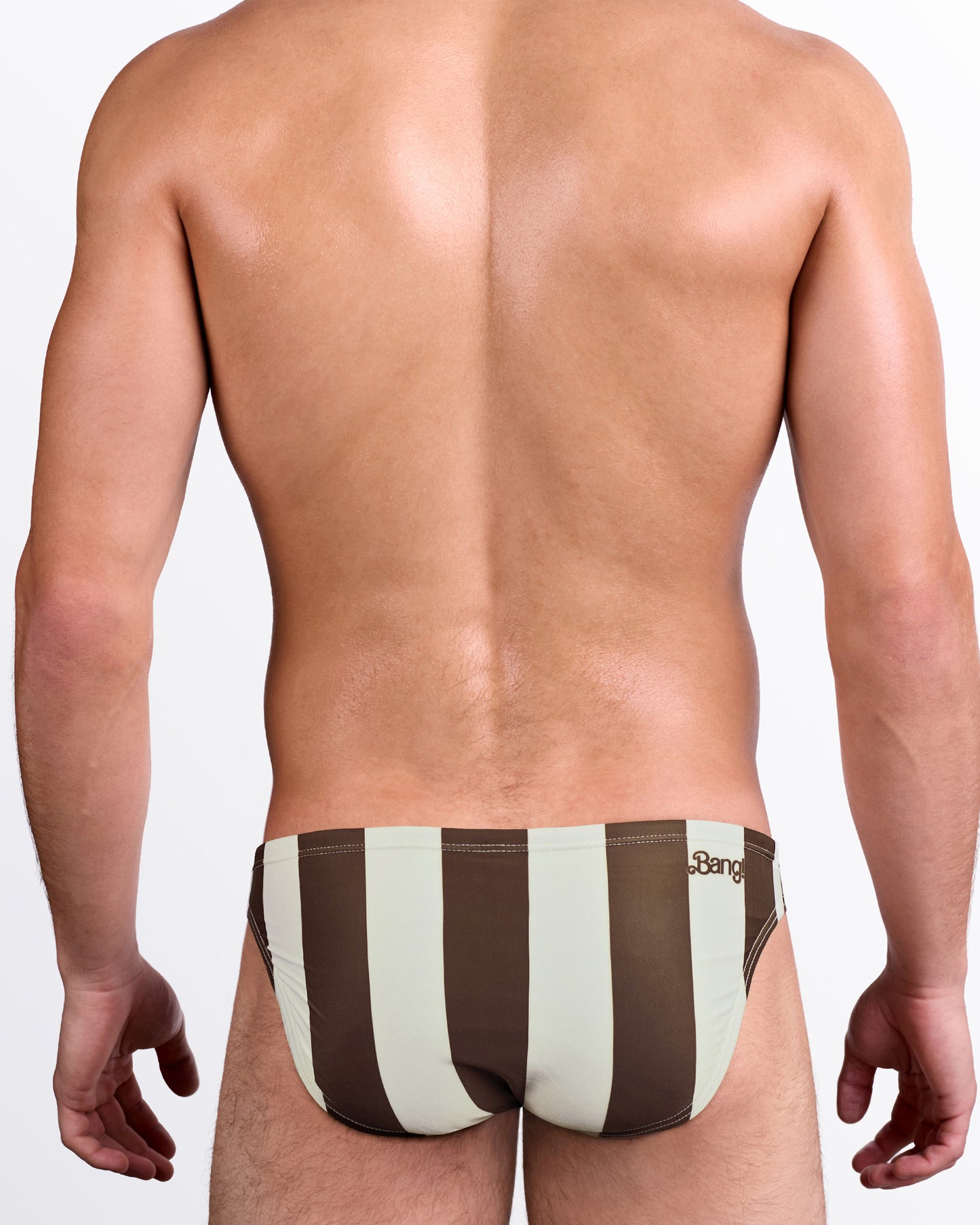 BANG! The Ken (Sahara Edition) Swim Mini Briefs — back view showcasing bold striped placement, sculpted fit, and signature logo detail.