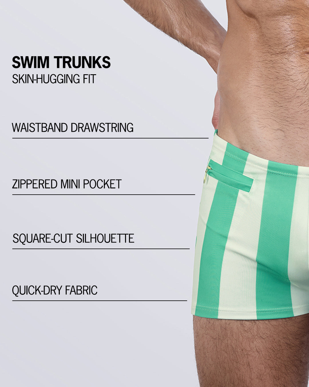 Feature breakdown of THE KEN (TULUM EDITION) Swim Trunks – fitted square-cut design with quick-dry fabric, adjustable drawstring, and mini zip pocket.