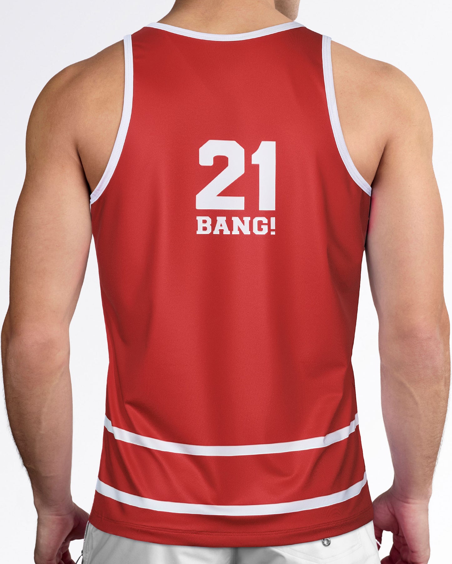 Back view of the Scott Gym Tank Top featuring a bold player number graphic, hockey-inspired stripe detailing, and sporty athletic styling.