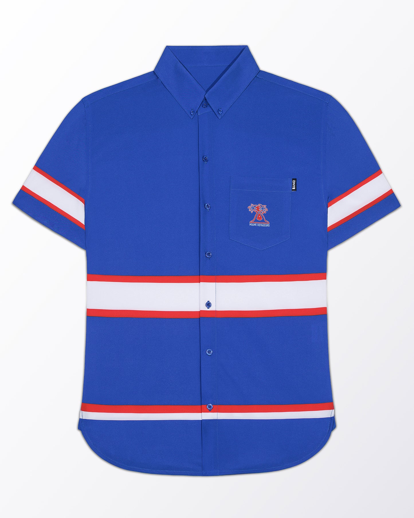 The Shane Stretch Shirt in royal blue featuring bold white and red stripe accents on the sleeves and hem, a button-down collar, embroidered chest pocket, and four-way stretch fabric for polished resort wear.