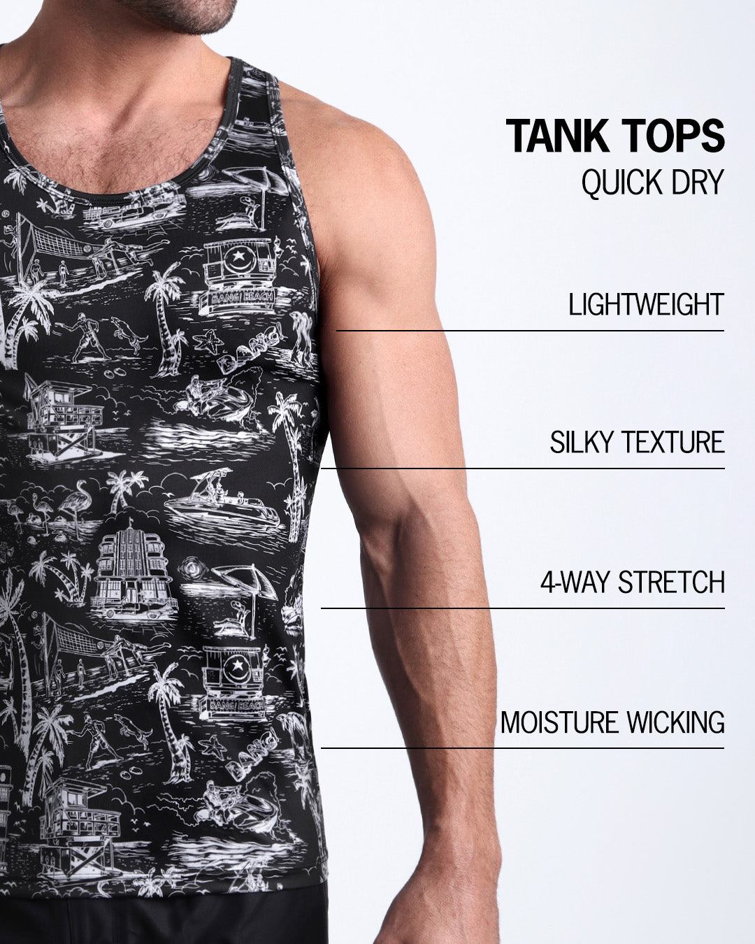 An infographic explaining the features of the lightweight, silky texture, 4-way stretch, and moisture-wicking material of the BANG! fitness tank top.