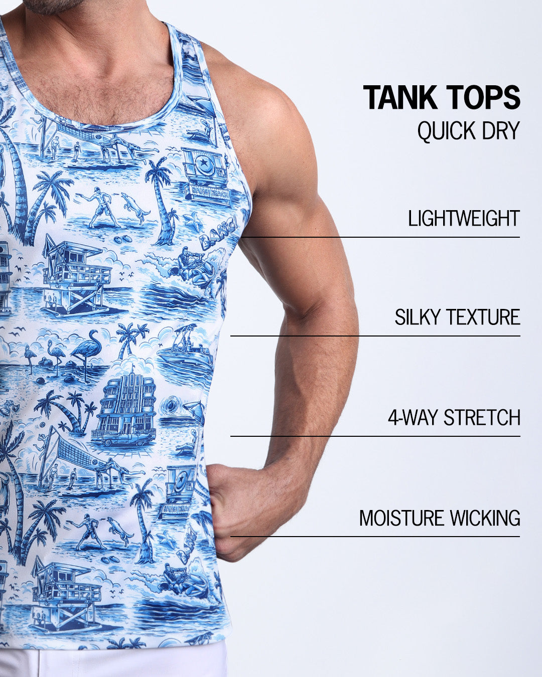An infographic explaining the features of the lightweight, silky texture, 4-way stretch, and moisture-wicking material of the BANG! fitness tank top.