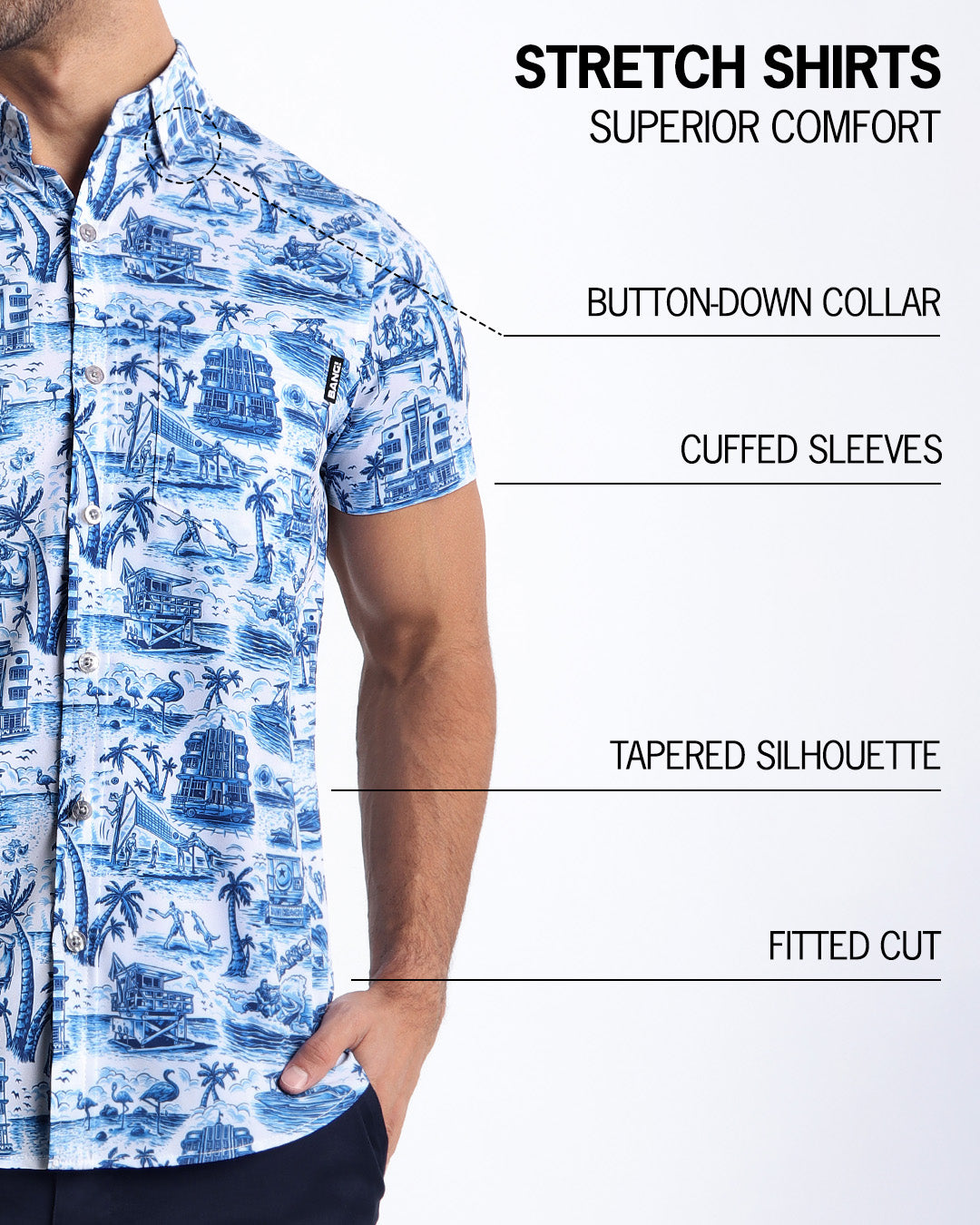 An infographic explaining the features of the men’s sleeveless Hawaiian Stretch Shirt. The shirt offers superior comfort, a fitted cut, tapered silhouette, cuffed sleeves, and a button-down collar.