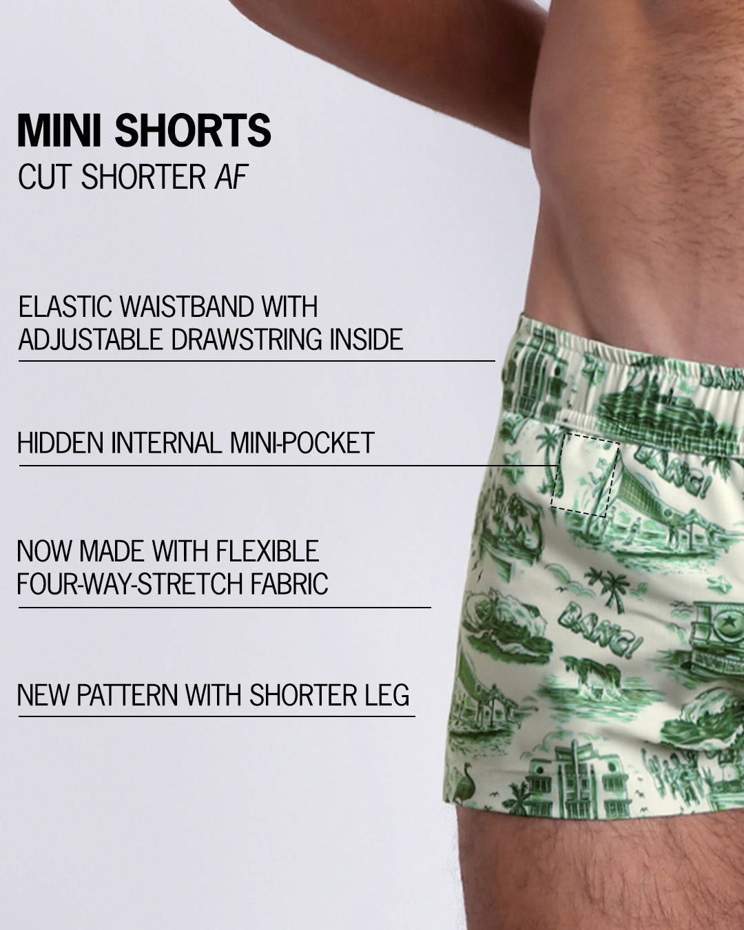 Infographic explaining the many features of Bang!'s Mini Shorts. These MINI SHORTS have elastic waistband with adjustable drawstring inside, hidden internal mini-pocket, 4-way stretch fabric, and are quad friendly with shorter leg length.