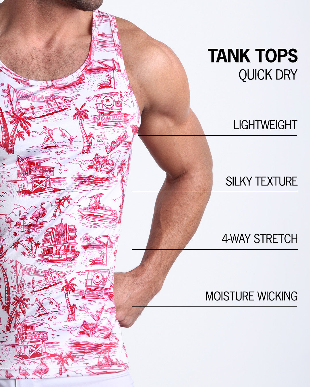 An infographic explaining the features of the lightweight, silky texture, 4-way stretch, and moisture-wicking material of the BANG! fitness tank top.