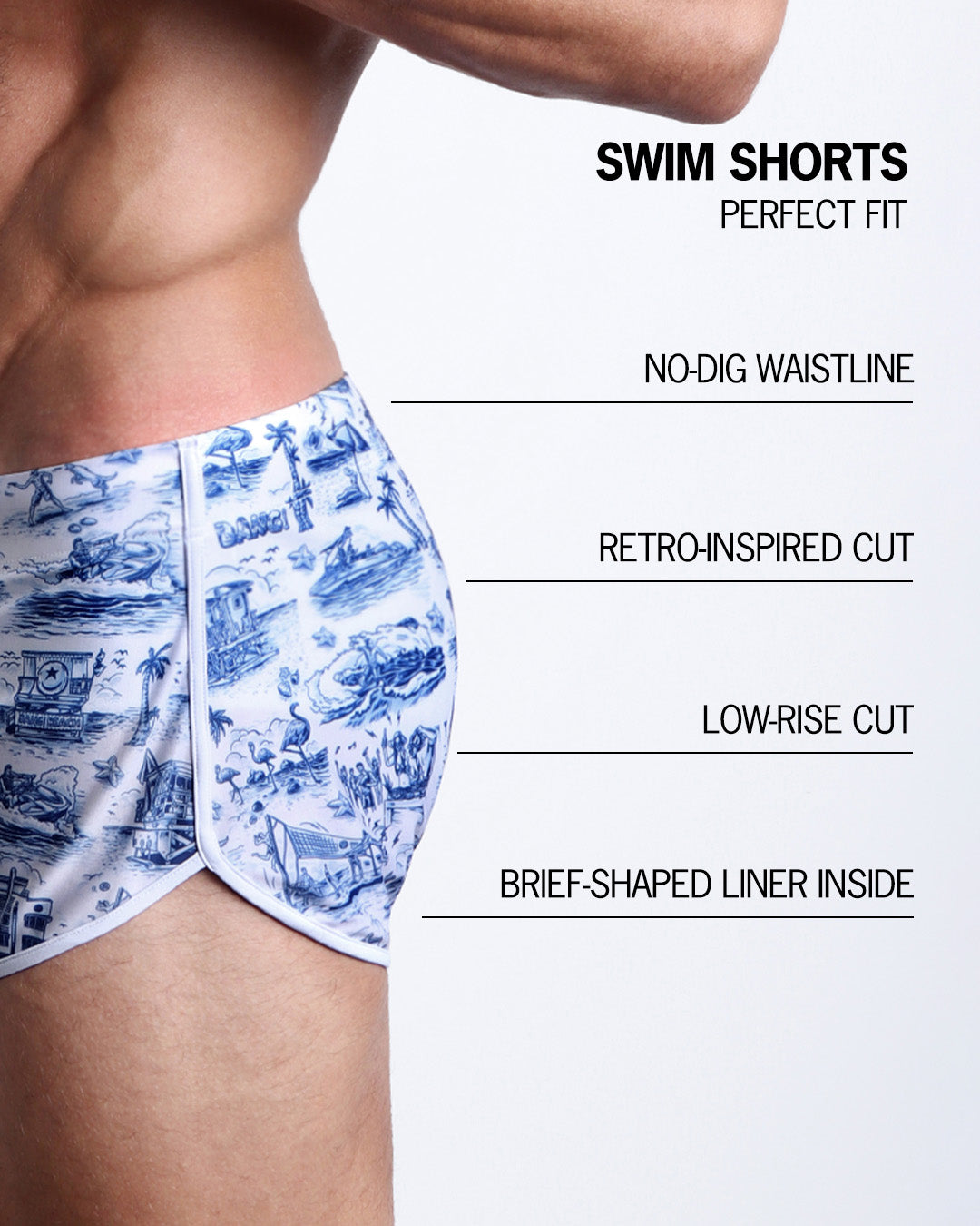 Infographics explaining how perfect the BANG! Clothes Swim Shorts in TOILE DE MIAMI (BLUE) are. They're top-grade thread, are quick-dry, have brief-shaped liner & have waist-band drawstring.