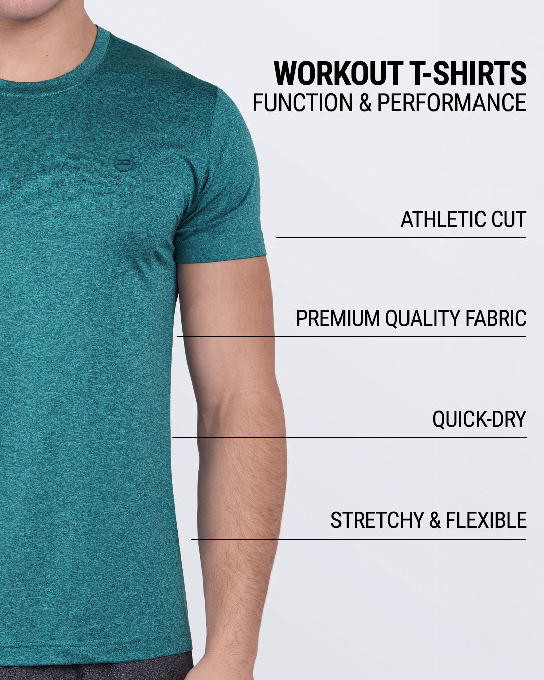 Product details graphic of DC2 Trainer Teal Fitness T-Shirt — showcasing quick-dry tech, premium stretch, and performance fabric construction.