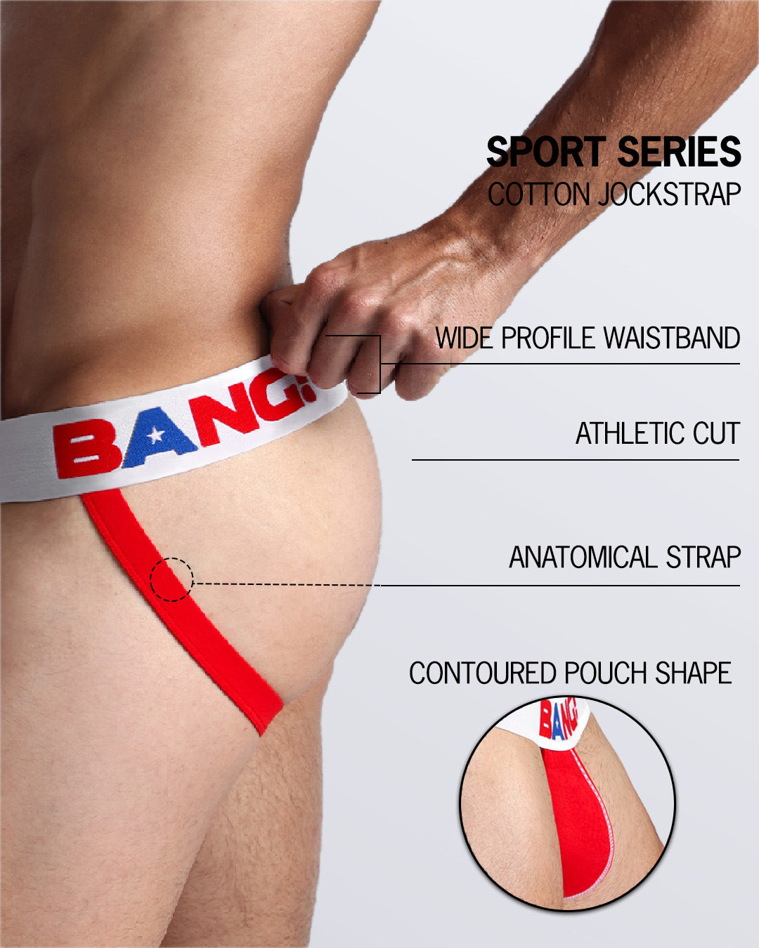 An infographic displays the premium quality of the Cotton Jockstrap Sport Series. It features a wide profile waistband, athletic cut, contoured pouch shape, and an anatomical strap.